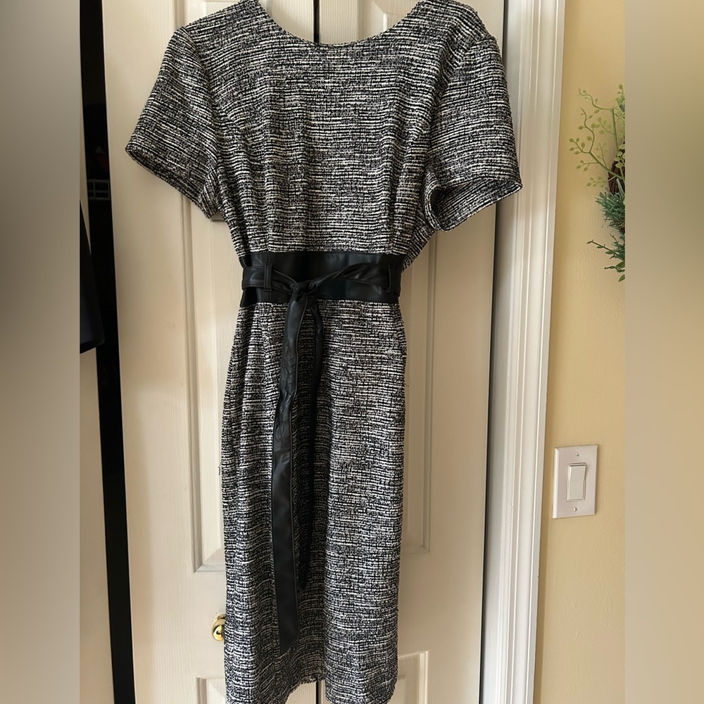 Calvin Klein Black and White Textured Midi Dress with Black Waist Tie